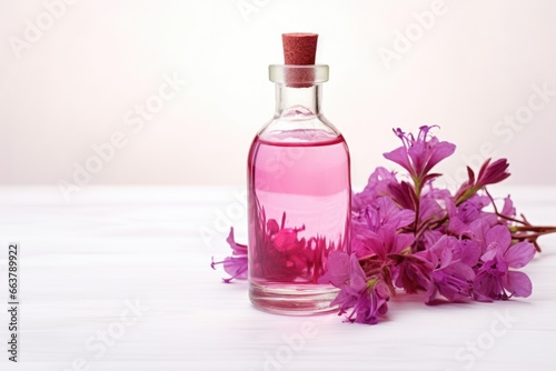 glass bottle of flower essence on a light backdrop