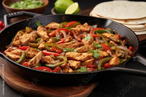 spicy chicken fajitas placed on a cast-iron skillet