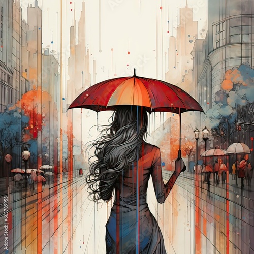 Line drawing of a woman on a rainy day, carrying a red umbrella. She walks down a modern city street. The wet street reflects buildings and surroundings.