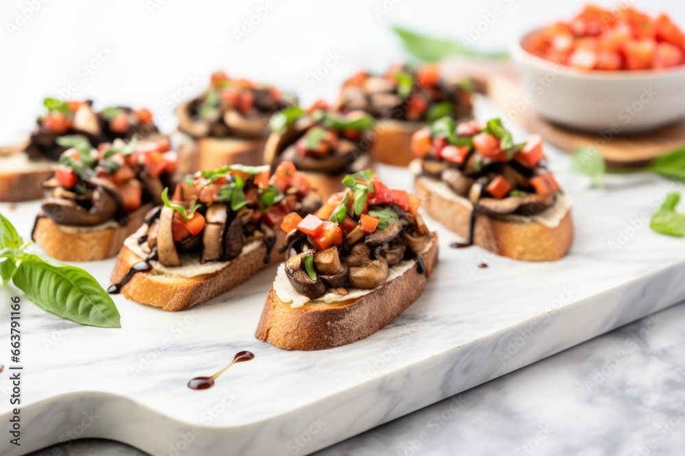 mushroom bruschetta served on a marble serving tray mushroom bruschetta served on a marble serving tray