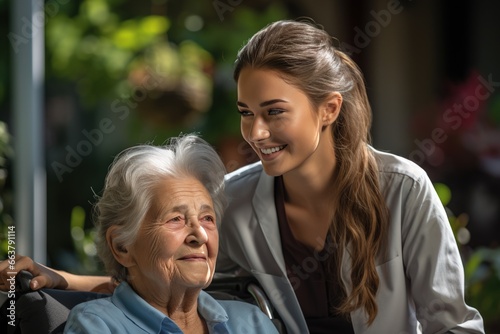 Young female nurse outside with a senior patient in a wheelchair
