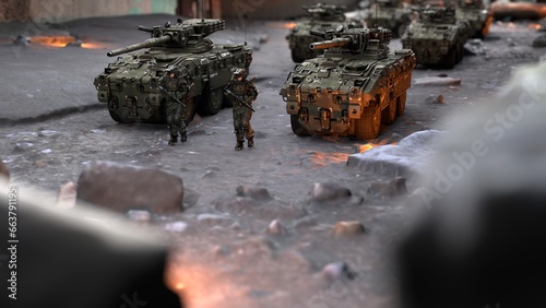 Tableau sur toile squad on a special operation, soldiers and tanks on the streets of the city, 3d