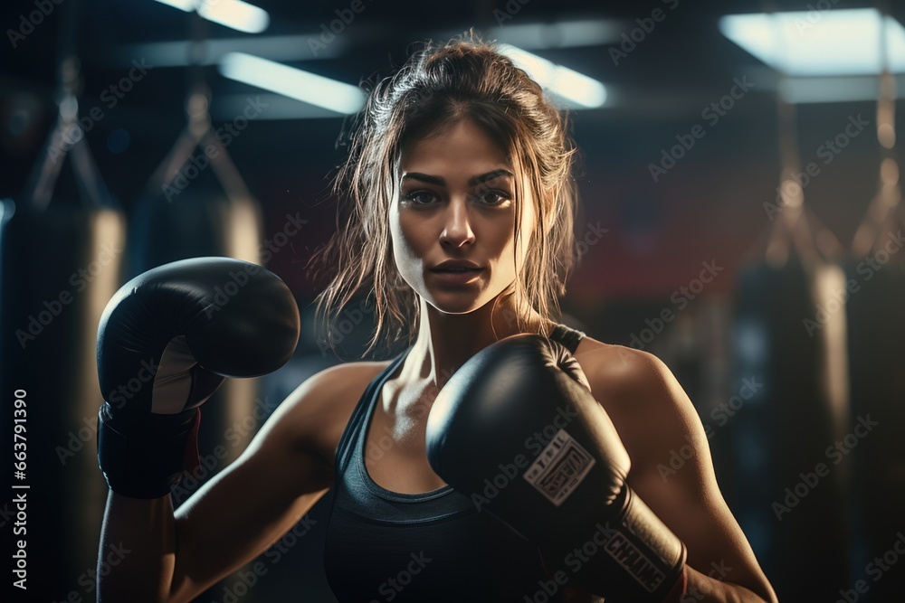 Fototapeta premium Portrait of African American woman exercising and punching a punching bag at the gym.