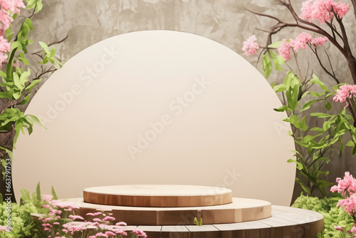 Wooden Pedestal surrounded in Pink Flowers for Product Placement