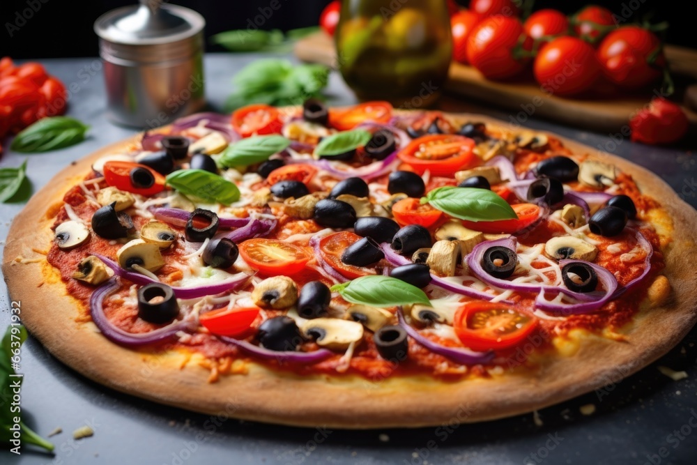 vegan pizza with bell peppers, tomatoes, olives, and vegan cheese vegan pizza with bell peppers, tomatoes, olives, and vegan cheese