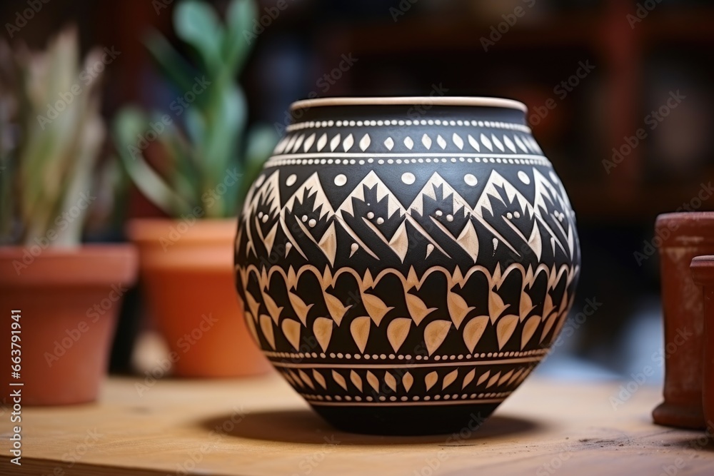 a clay pot decorated with ethnic patterns in a pottery studio a clay pot decorated with ethnic patterns in a pottery studio