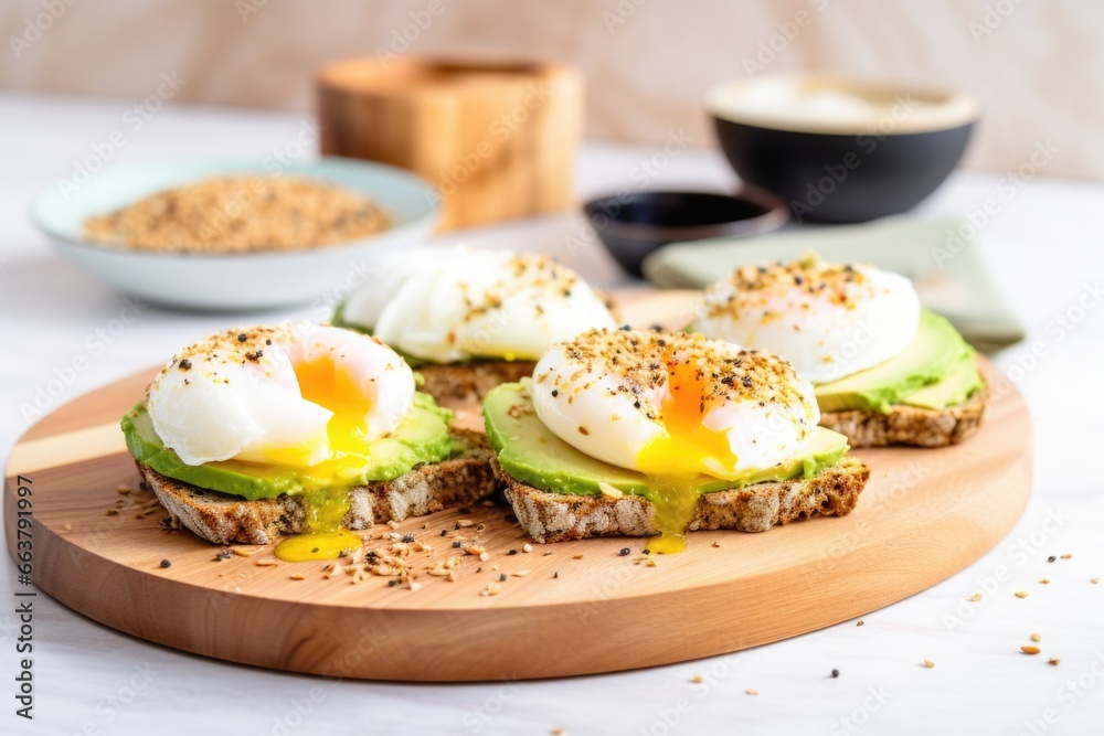 poached eggs on top of avocado toast on a bread board poached eggs on top of avocado toast on a bread board