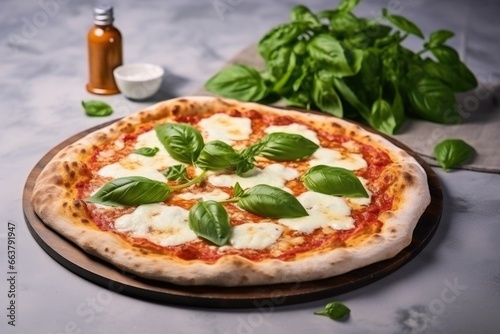 freshly baked pizza with basil leaves on a round stone surface