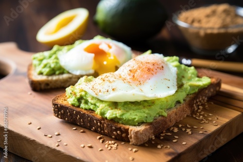 toast spread with avocado topped with poached eggs on an oak table