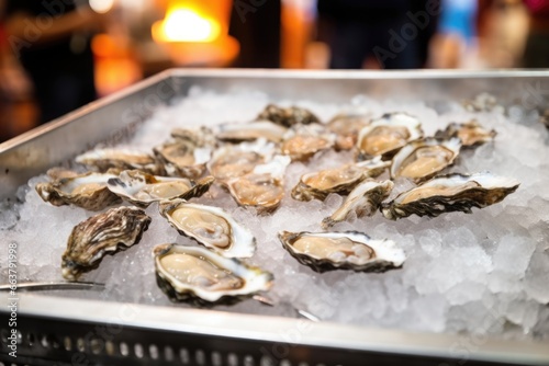 metal tray with fresh oysters on ice at food fair