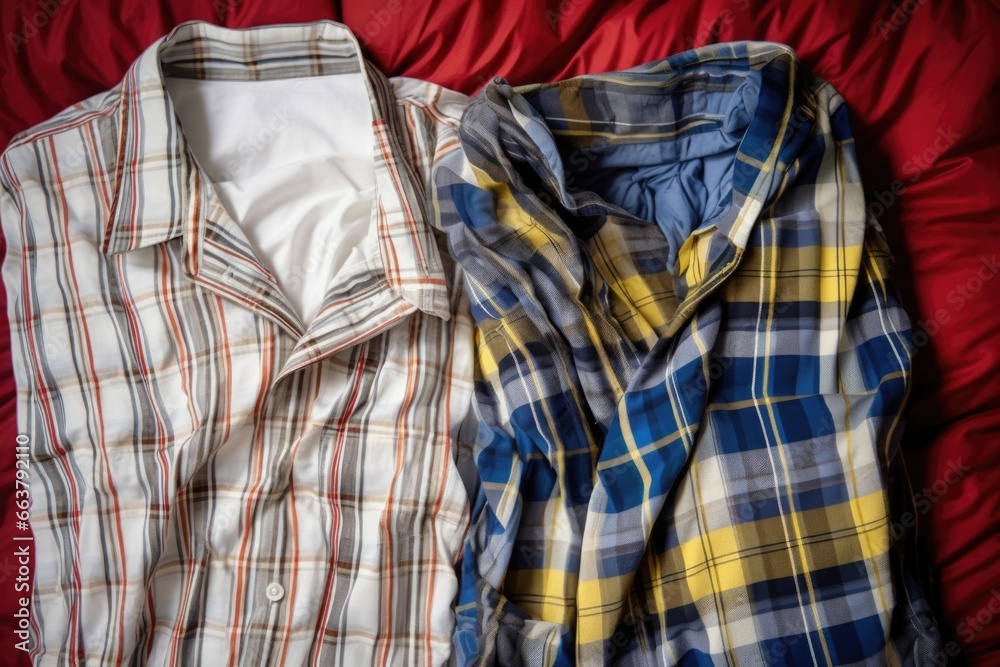pajamas laid next to each other on a double bed pajamas laid next to each other on a double bed