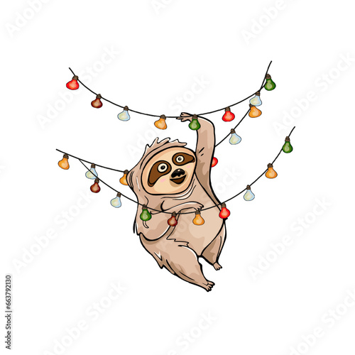 Vector illustration of a cute sloth in a Christmas costume. Christmas print of an exotic animal. logo a label, a blank for a designer