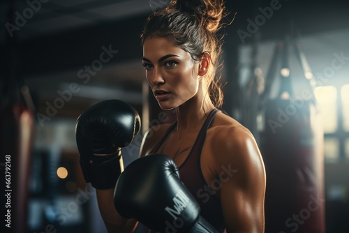 Portrait of African American woman exercising and punching a punching bag at the gym. © Attasit