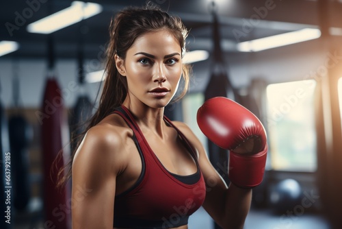 Portrait of African American woman exercising and punching a punching bag at the gym.