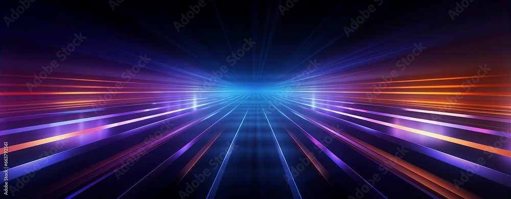 Obraz premium 3d rendering in neon light, bunched lines on horizon, display as space with objects, abstract background, colors in blue, red, pink and purple