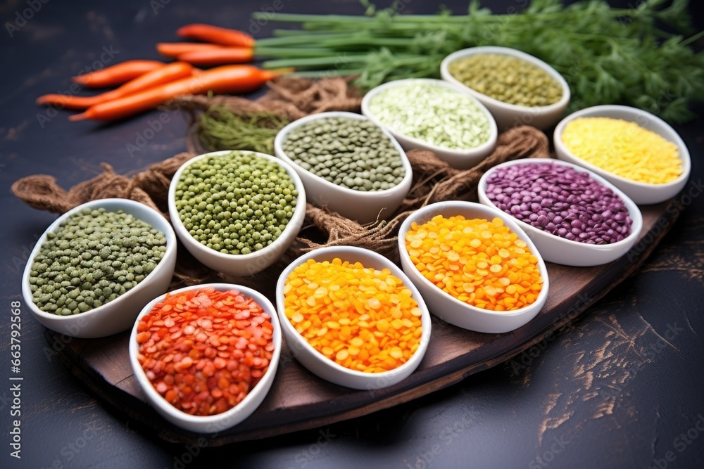 variety of colorful lentils spread on a slate plate
