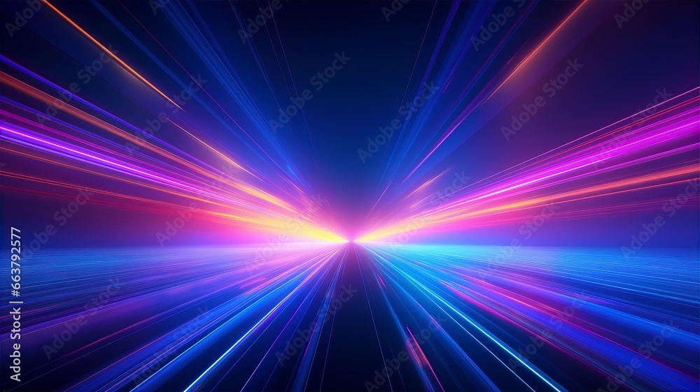 3d rendering in neon light, bunched lines on horizon, display as space with objects, abstract background, colors in blue, red, pink and purple