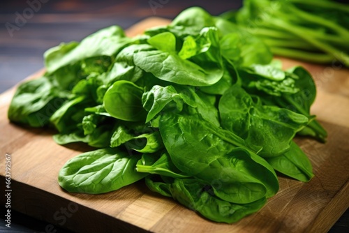 close up shot of green leafy vegetables on a board
