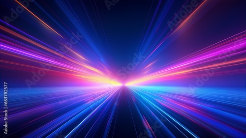 3d rendering in neon light  bunched lines on horizon  display as space with objects  abstract background  colors in blue  red  pink and purple