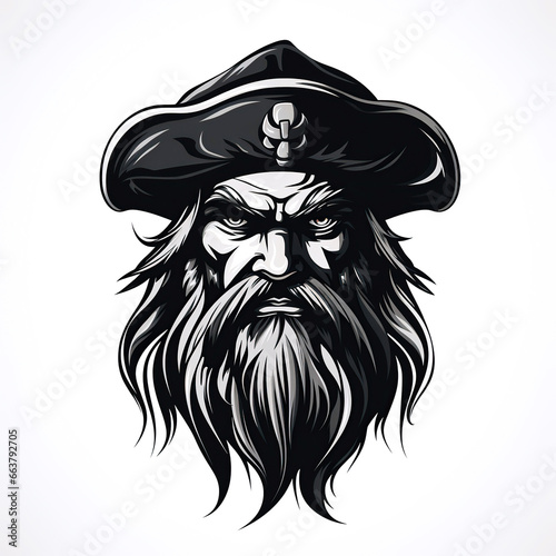 minimalistic logo emblem tattoo with head of a bearded pirate in a hat on a white isolated background