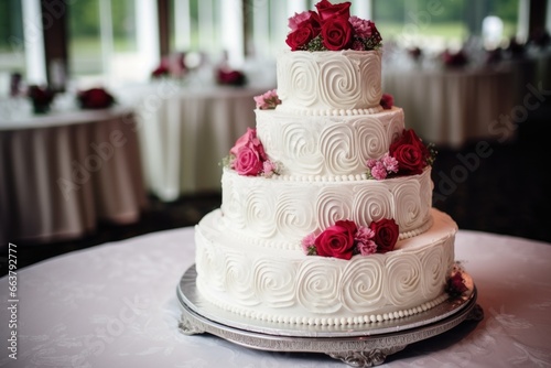 a multi-tiered wedding cake with white icing