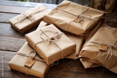 opened parcels in brown paper and twine