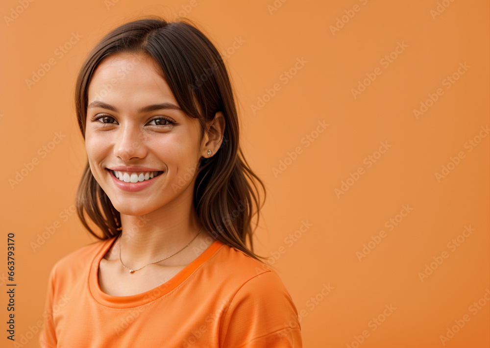 portrait of a smiling happy brunette girl wearing t-shirt on orange background with copy space portrait of a smiling happy brunette girl wearing t-shirt on orange background with copy space