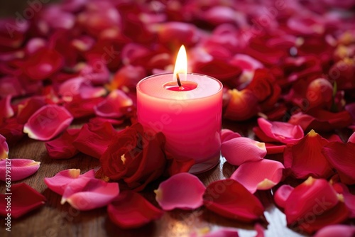 rose petals scattered around a burning candle