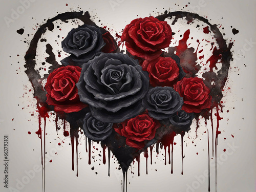 A heart made with black and red roses, blood dripping.