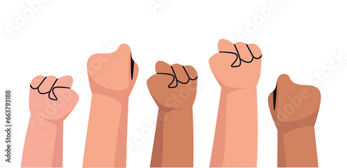 Group of fists raised up in air illustration