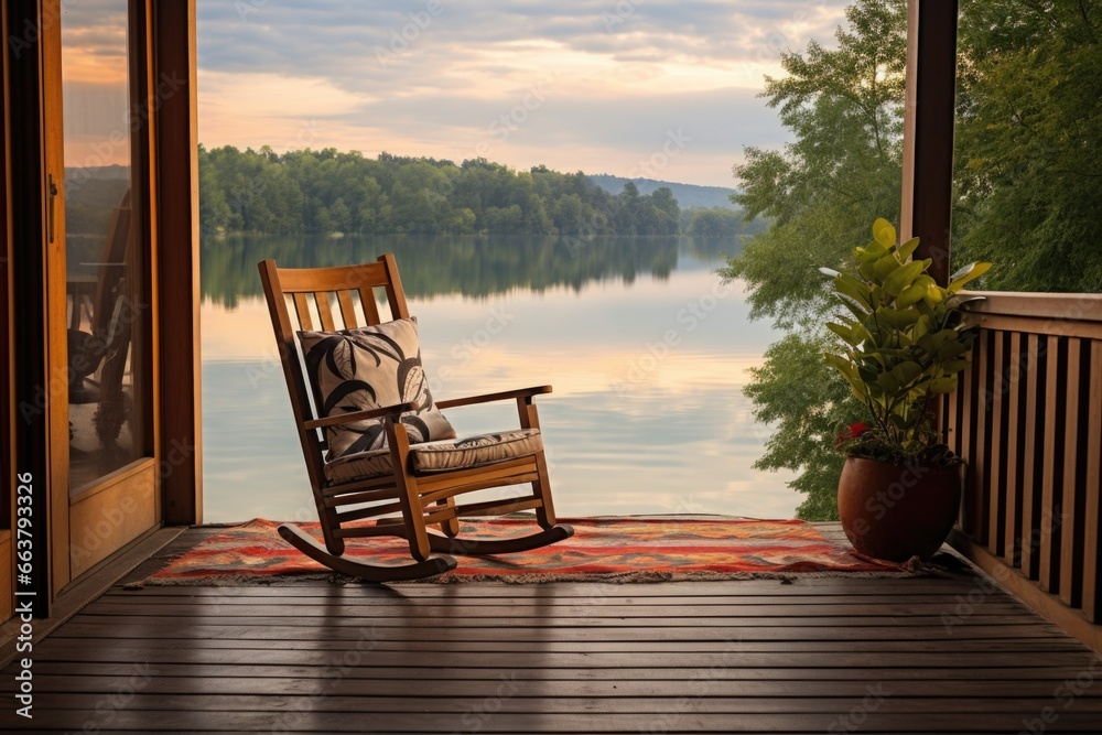 an empty rocking chair on a wooden deck patio overlooking a peaceful lake