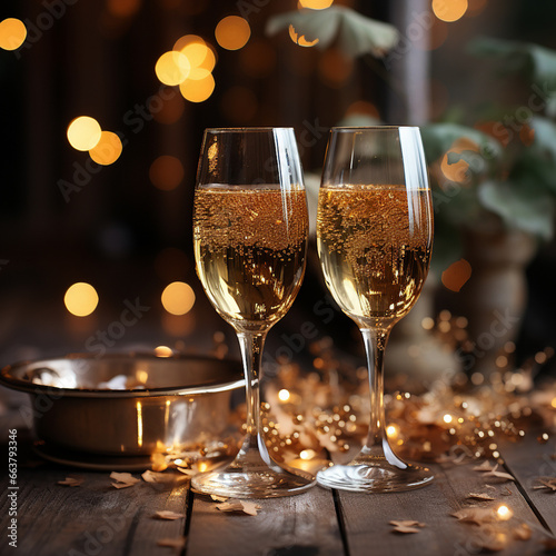 Glasses with sparkling wine on the background of delicate bright gold bokeh. AI generative