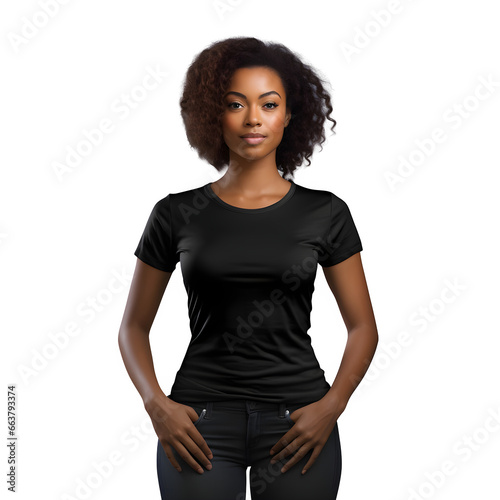 Black woman in black t-shirt on transparent background, African American, png file, isolated, white background with generative ai