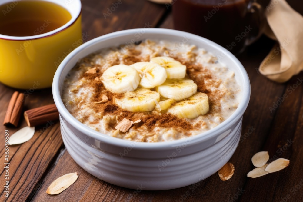 a steaming bowl of oatmeal with sliced banana atop a steaming bowl of oatmeal with sliced banana atop