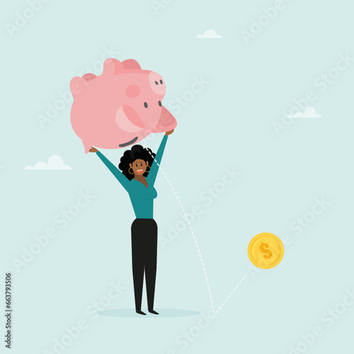 The girl shakes the piggy bank to wipe out the money. The concept of withdrawing money from a deposit, or taking a loan to open your own business. Vector illustration.
