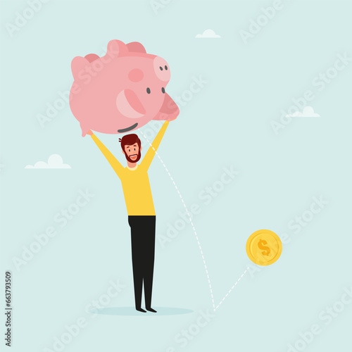 The guy shakes the piggy bank to wipe out the money. The concept of withdrawing money from a deposit, or taking a loan to open your own business. Vector illustration.
