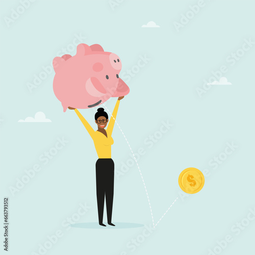 The girl shakes the piggy bank to wipe out the money. The concept of withdrawing money from a deposit, or taking a loan to open your own business. Vector illustration.
