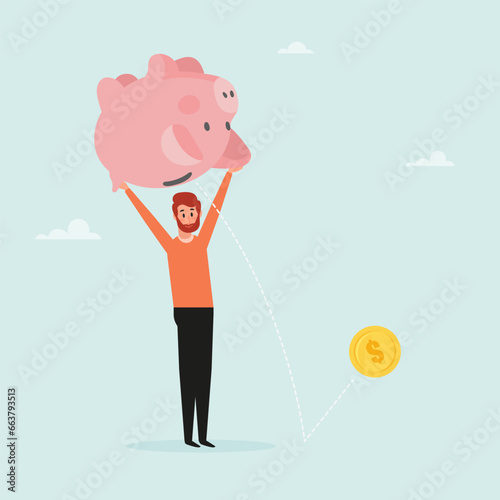 The guy shakes the piggy bank to wipe out the money. The concept of withdrawing money from a deposit, or taking a loan to open your own business. Vector illustration.
