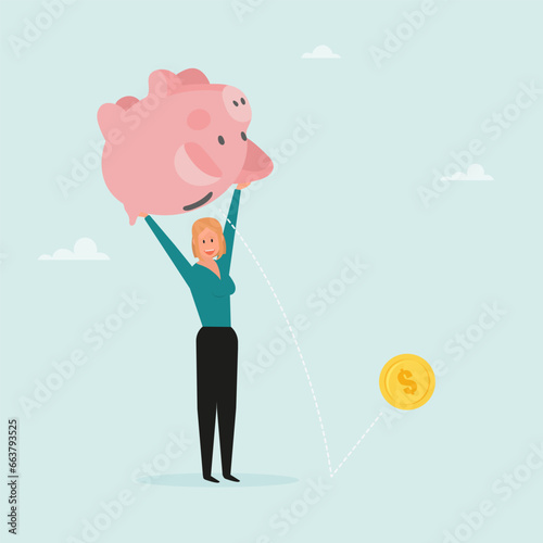 The girl shakes the piggy bank to wipe out the money. The concept of withdrawing money from a deposit, or taking a loan to open your own business. Vector illustration.
