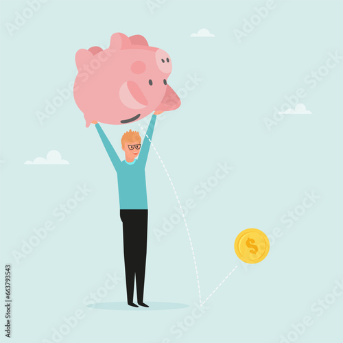 The guy shakes the piggy bank to wipe out the money. The concept of withdrawing money from a deposit, or taking a loan to open your own business. Vector illustration.
