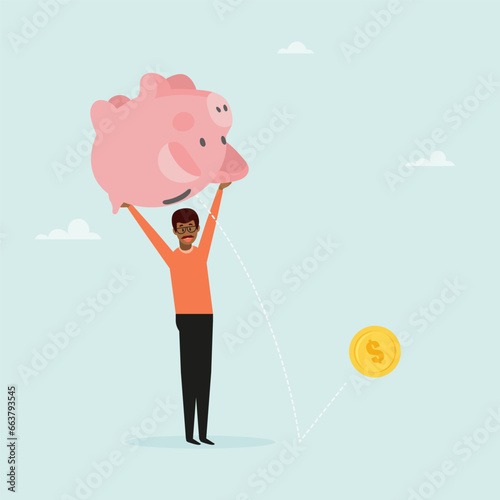 The guy shakes the piggy bank to wipe out the money. The concept of withdrawing money from a deposit, or taking a loan to open your own business. Vector illustration.
