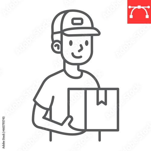 Delivery man line icon, service and courier, delivery man holding parcel vector icon, vector graphics, editable stroke outline sign, eps 10.