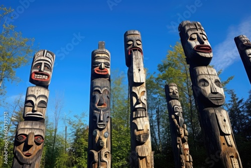 a forest of totem poles against a blue sky