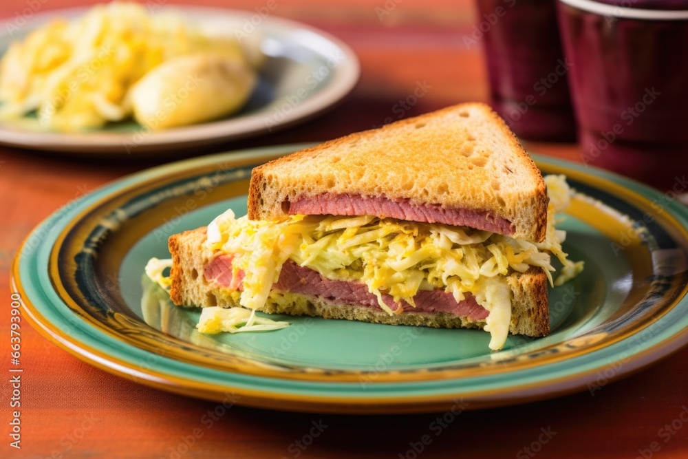 reuben sandwich with coleslaw on a yellow plate reuben sandwich with coleslaw on a yellow plate