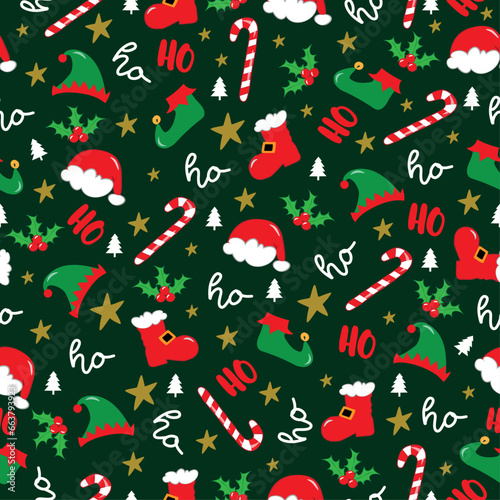 Seamless pattern for Christmas - Ho Ho Ho saying with mistletoe, Santa hat, and boots, Elf hat and shoes, candy cane on green backgound. 