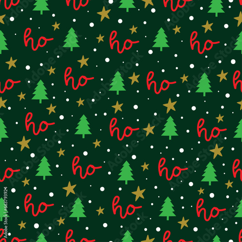 Seamless texture for Christmas design. Vector green background with handwritten words ho, with pine tree and snowfall and stars.