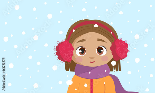 Vector winter illustration , cartoon cute girl in flat style , with brown hair and eyes, yellow winter jacket , purple scarf , and red pink earmuffs on blue snow background  for different design uses.