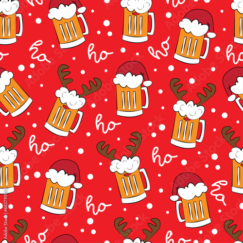 Funny beer mugs in Santa hat and deer antler,and ho ho ho text on red background. Seamless pattern for Christmas.
Good for textile print, wrapping paper, and other decoration.