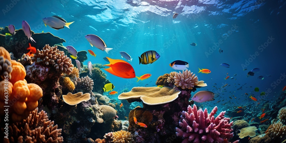 A group of fish swimming over a coral reef in the ocean. - obrazy, fototapety, plakaty 
