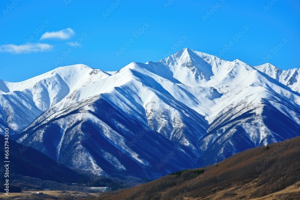 a snow-capped mountain backdrop under clear blue sky